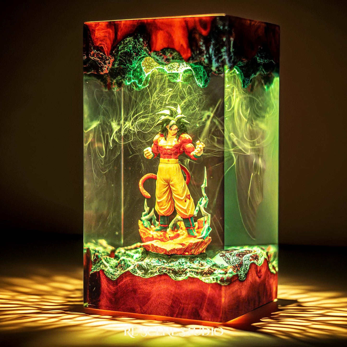 Red-furred primal cosmic warrior with a tail handmade epoxy resin LED lamp on a wooden base – RGB color glow in a dark room