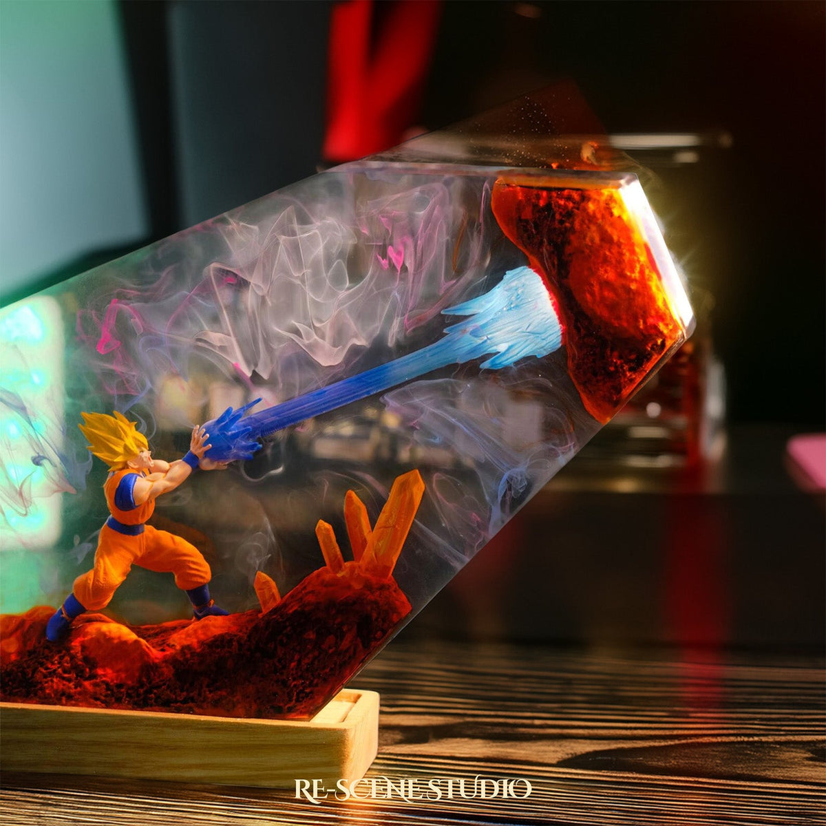 Glowing Goku Kamehameha Resin Lamp: Dragon Ball fan decor sealed in crystal-clear epoxy resin