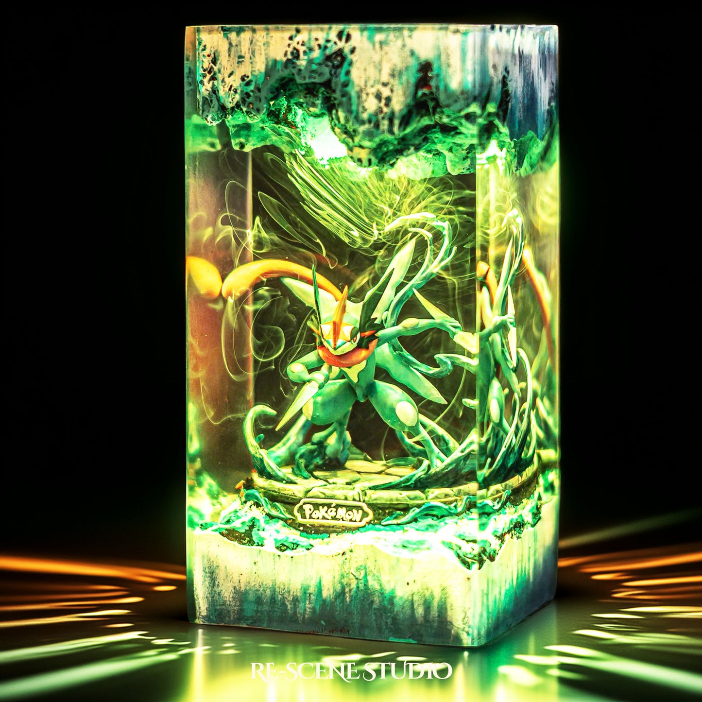Blue ninja frog warrior with a giant water shuriken handmade epoxy resin LED lamp on a wooden base – size and scale view