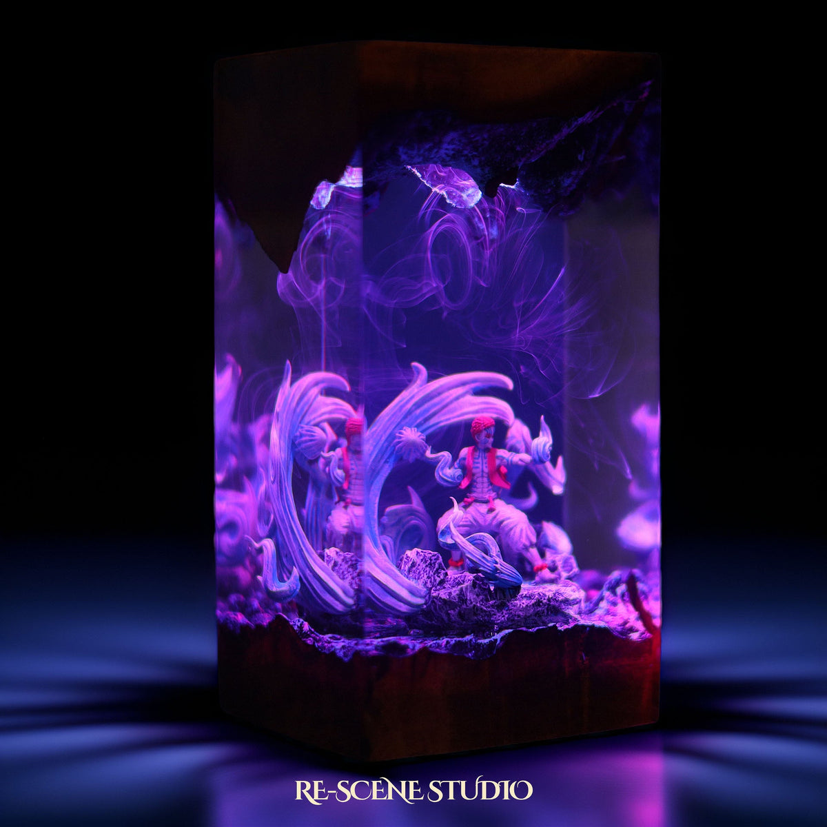 Akaza Resin Lamp V1 from another angle, handmade Demon Slayer LED resin lamp