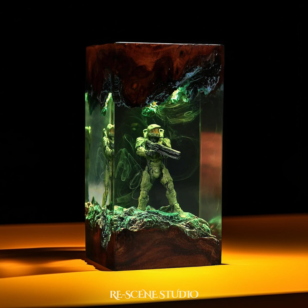 Master Chief Resin Lamp from another angle, handmade Halo LED resin lamp
