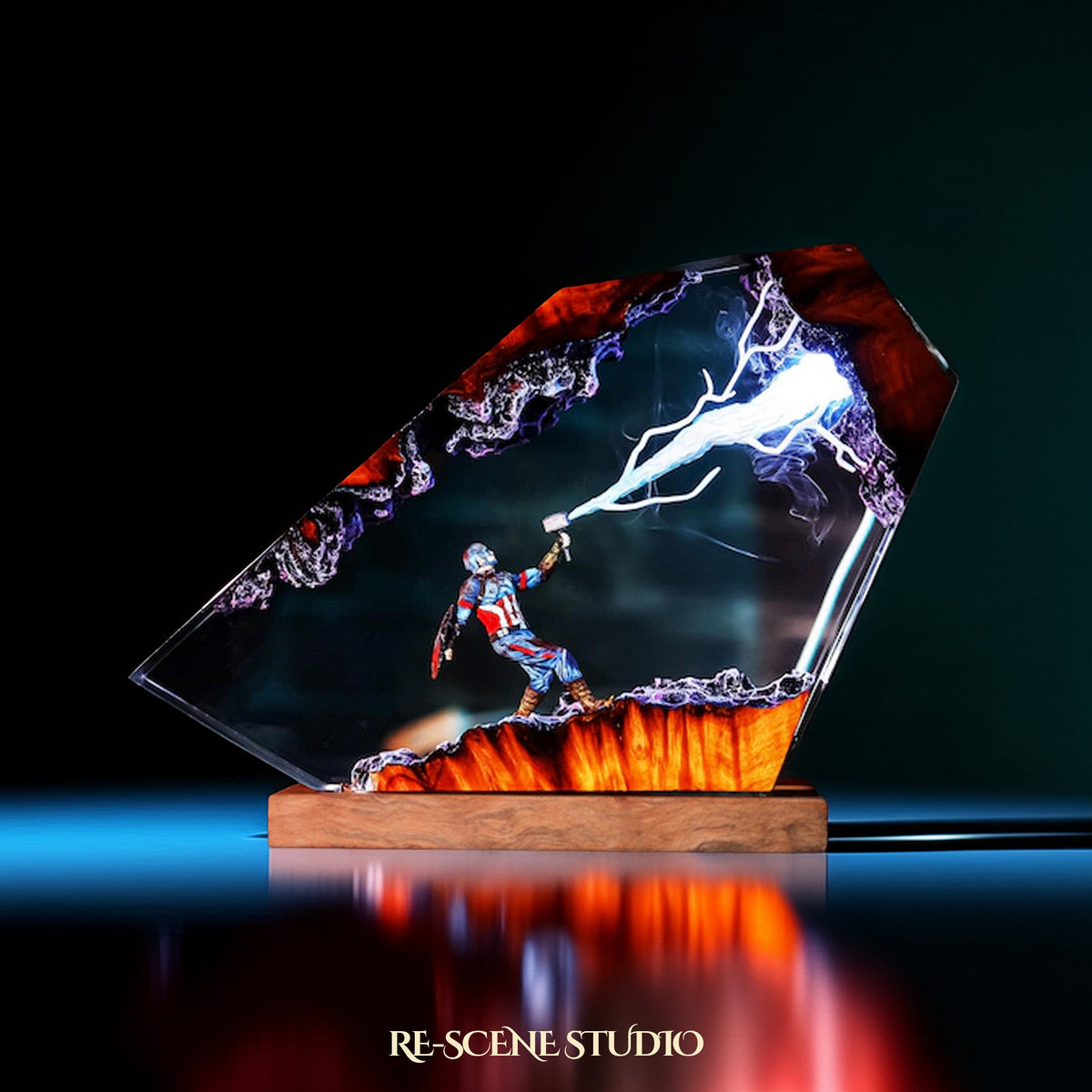 Captain America Resin Lamp V2 from another angle, handmade Marvel LED resin lamp