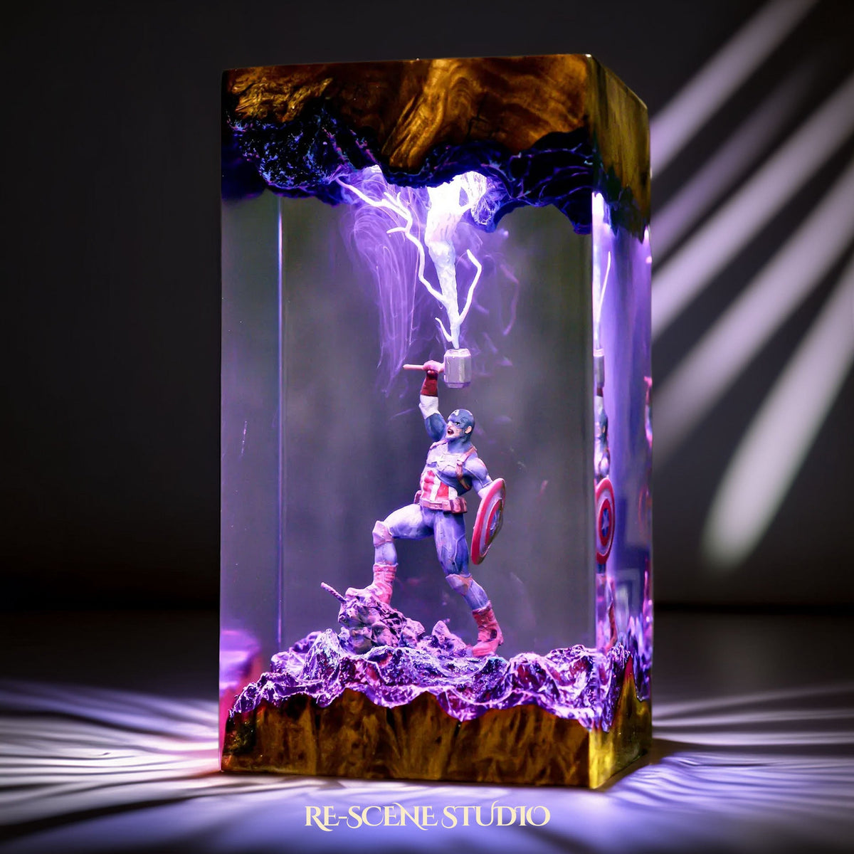 Captain America Resin Lamp V1 from another angle, handmade Marvel LED resin lamp