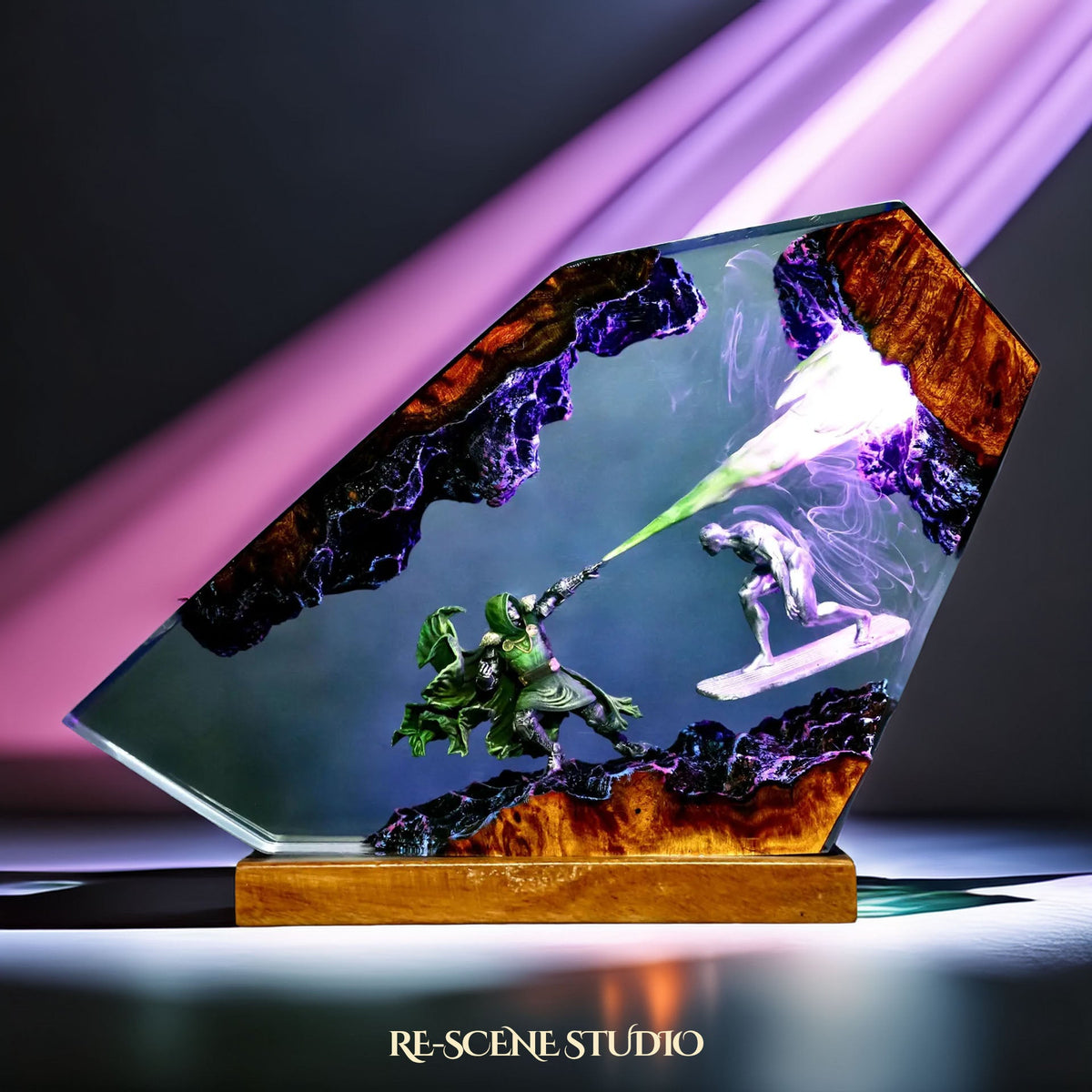 Glowing Doctor Doom vs Silver Surfer Resin Lamp: Marvel fan decor sealed in crystal-clear epoxy resin