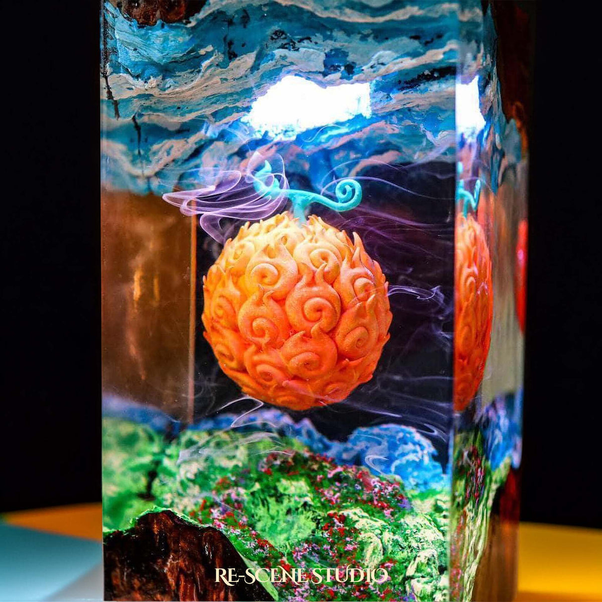 Glowing Mera Mera no Mi Resin Lamp: One Piece fan decor sealed in crystal-clear epoxy resin