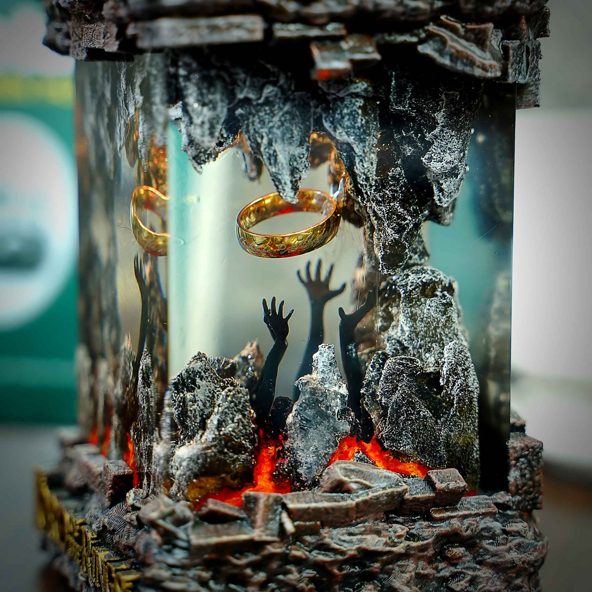 Detail of the One Ring Resin Lamp, hand-painted Lord of the Rings scene inside epoxy resin