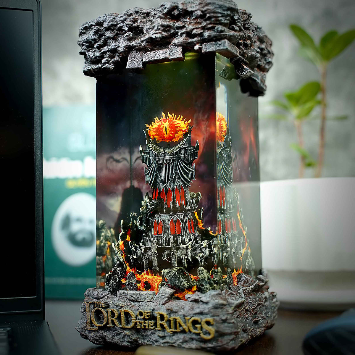 Eye of Sauron Resin Lamp display shot, Lord of the Rings scene suspended in clear resin, no cord needed