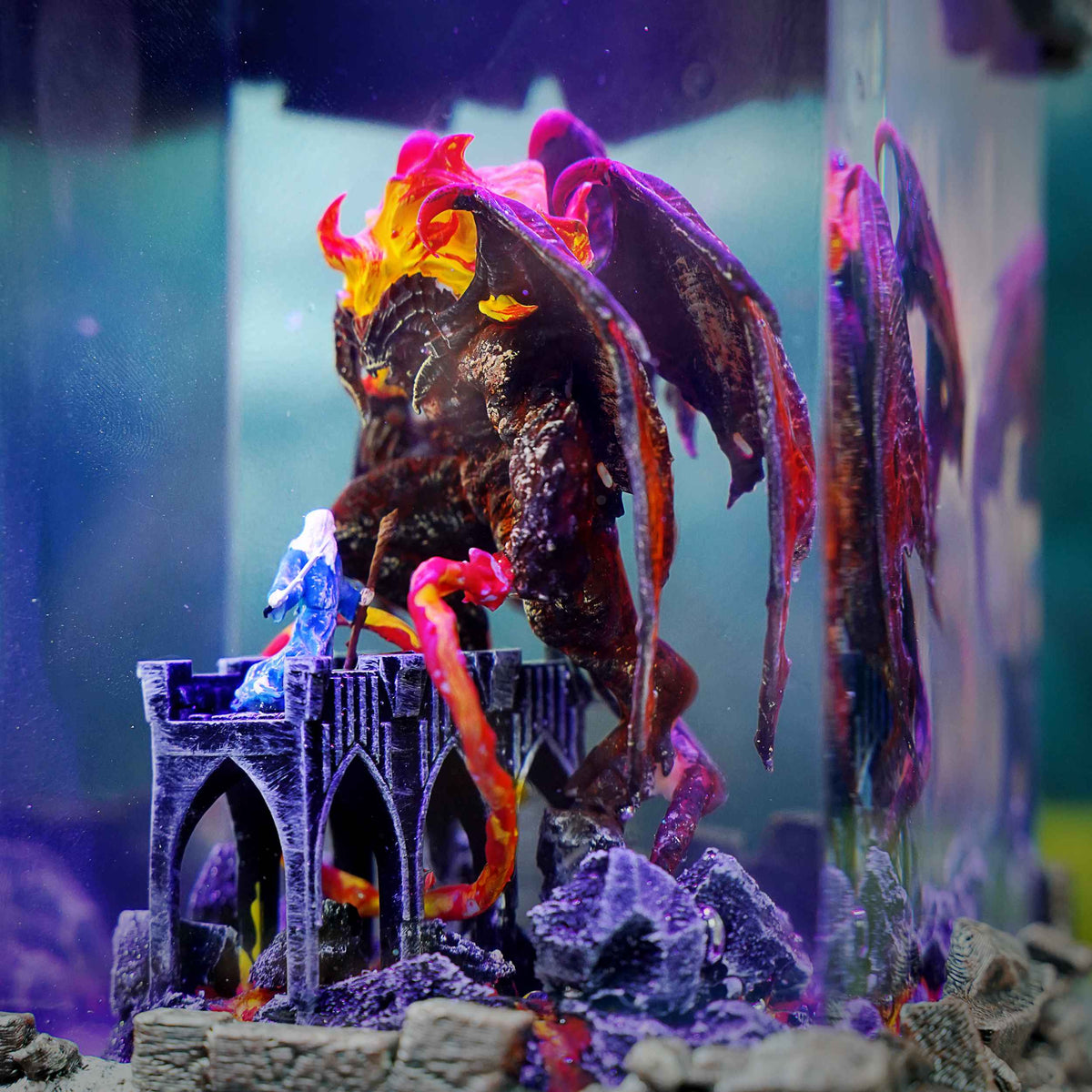 Balrog vs Gandalf Resin Lamp display shot, Lord of the Rings scene suspended in clear resin, no cord needed