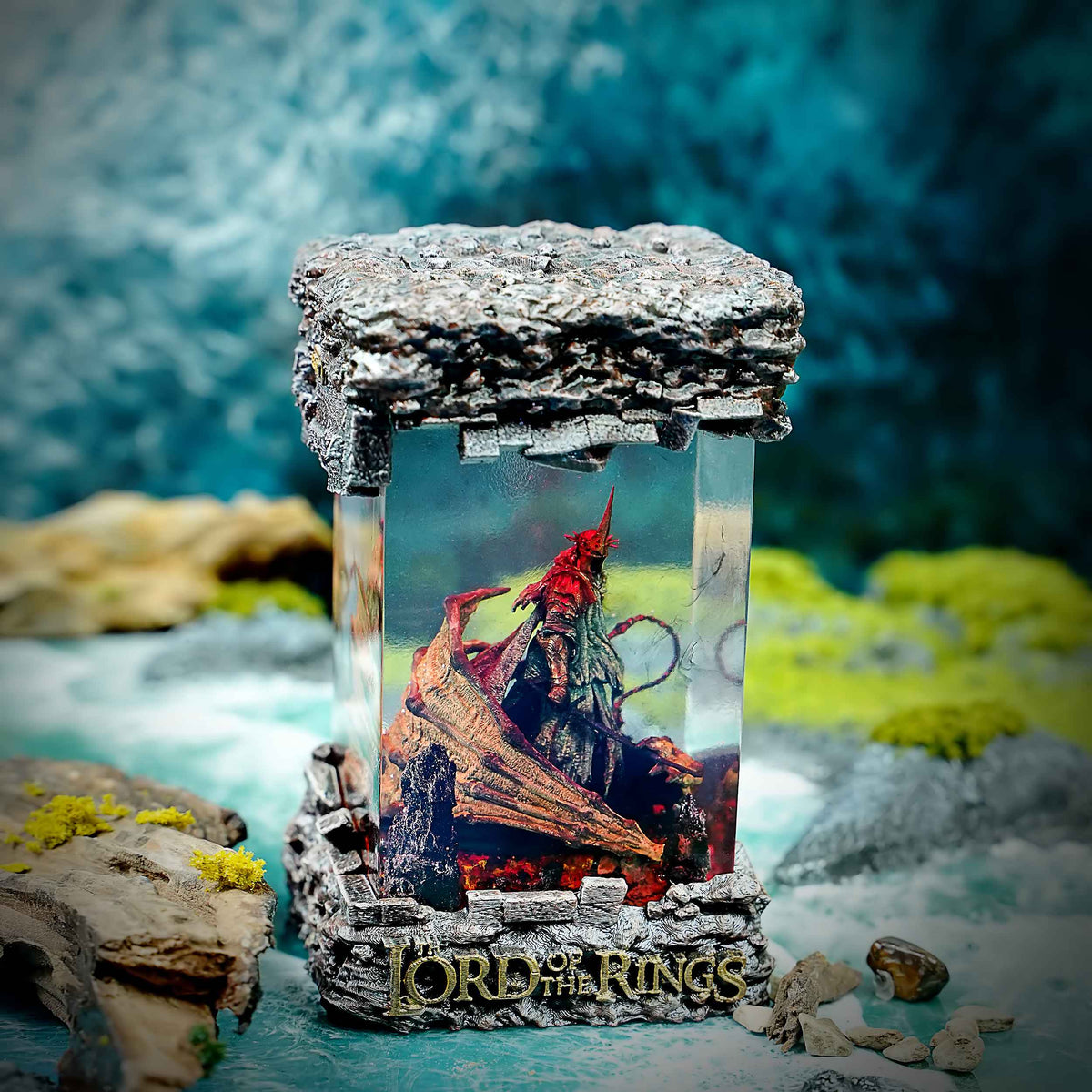 Witch-King of Angmar Resin Lamp display shot, Lord of the Rings scene suspended in clear resin, no cord needed