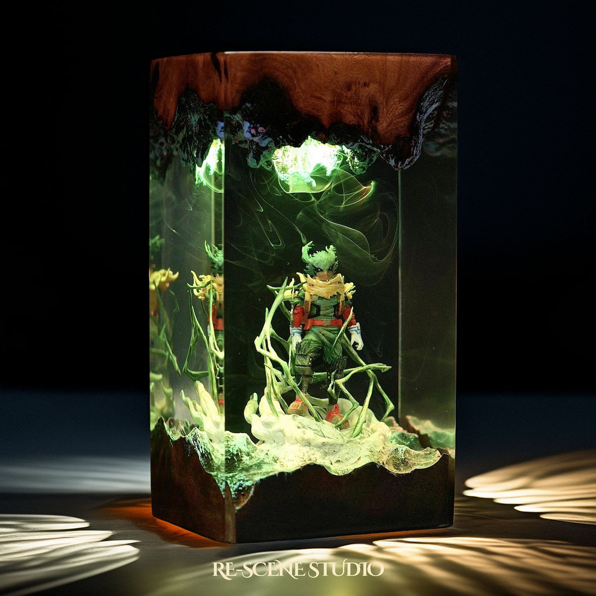 Dark Deku Resin Lamp from another angle, handmade My Hero Academia LED resin lamp