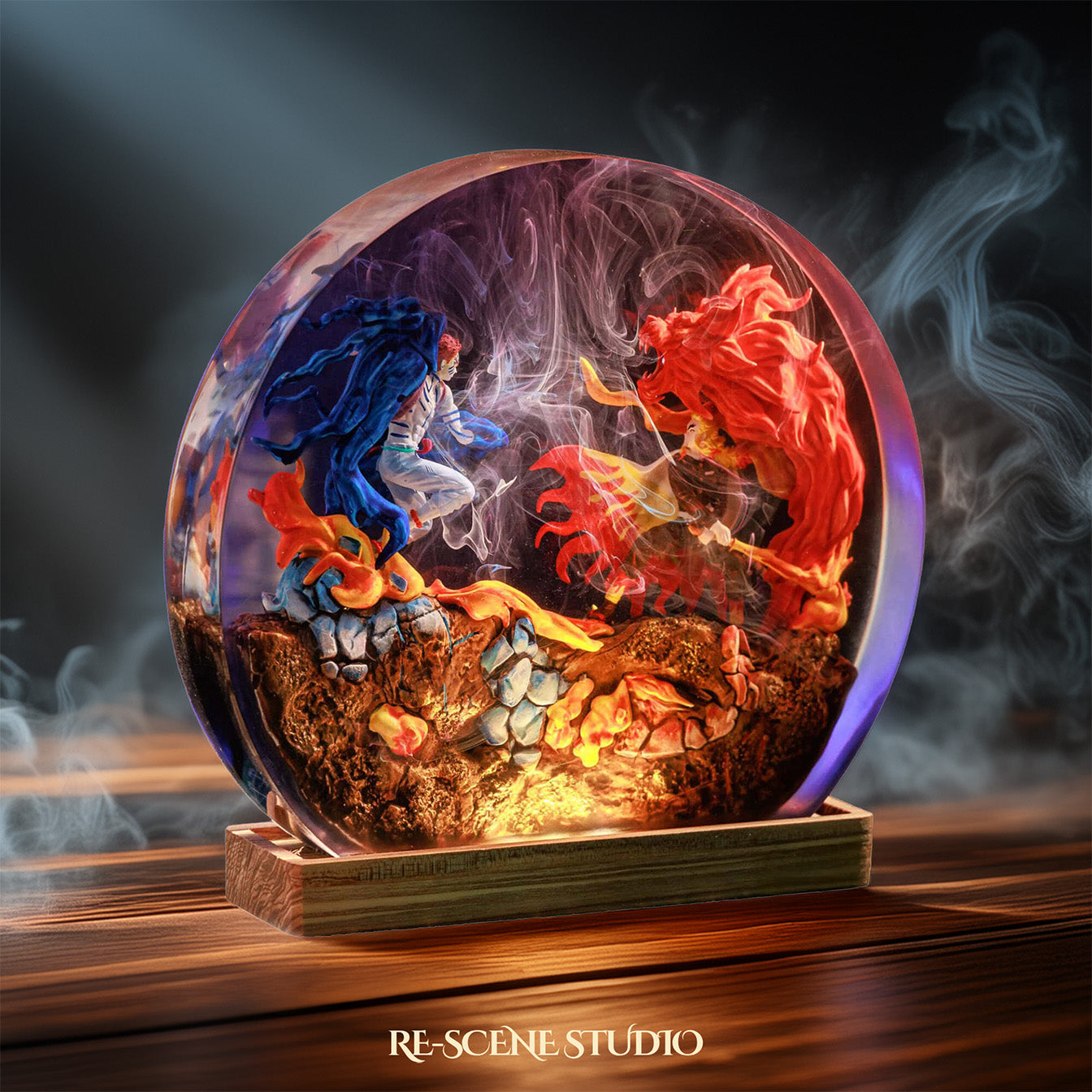 Akaza vs Rengoku Resin Diorama Lamp – Demon Slayer Multicolor / Size M: 13 x 12 (cm) – Handmade Resin Lamp by Rescene Studio | Rescene Studio
