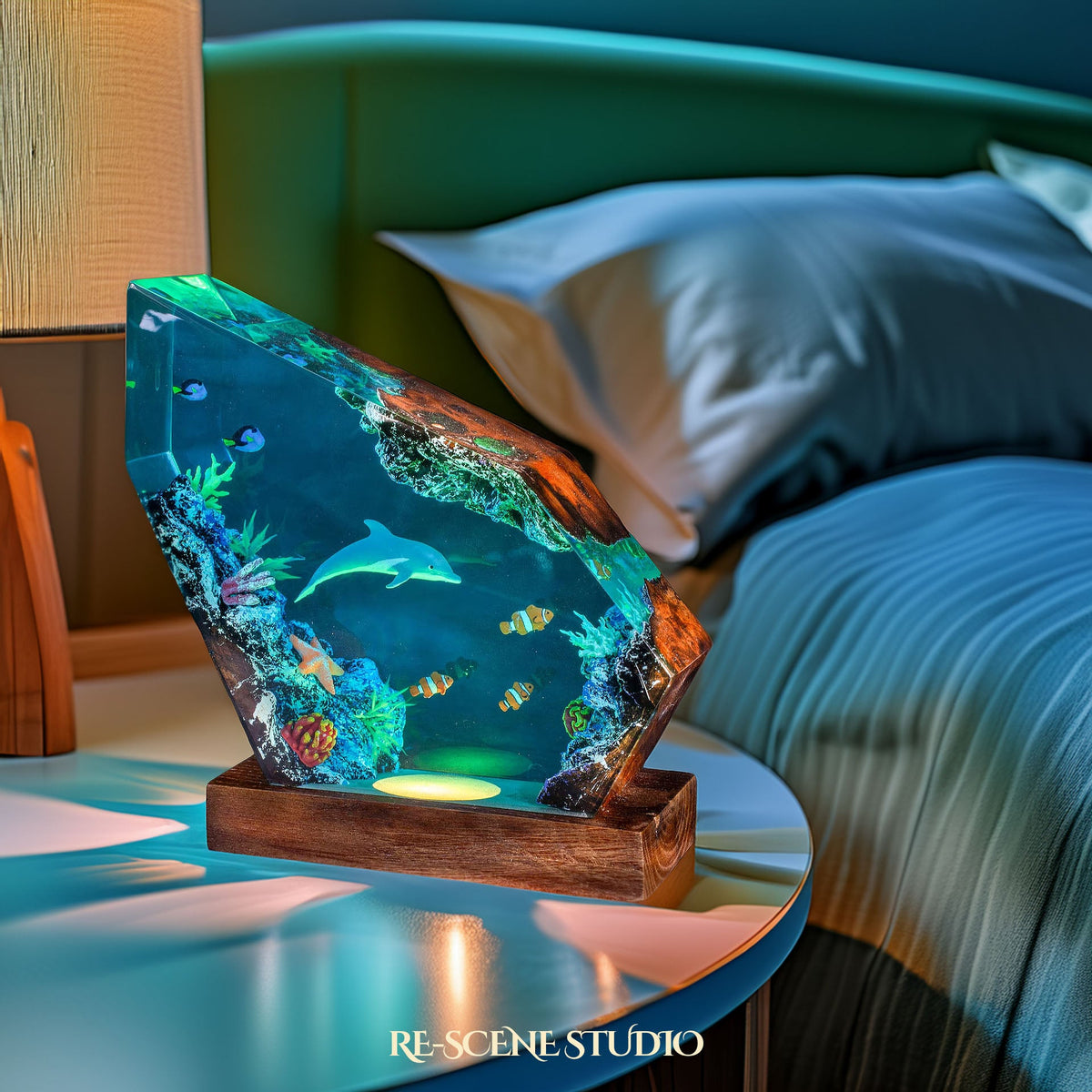Dolphin and Clownfish Resin Lamp Multicolor / Size M: 5.9" x 4.7", Handmade Epoxy Resin Lamp