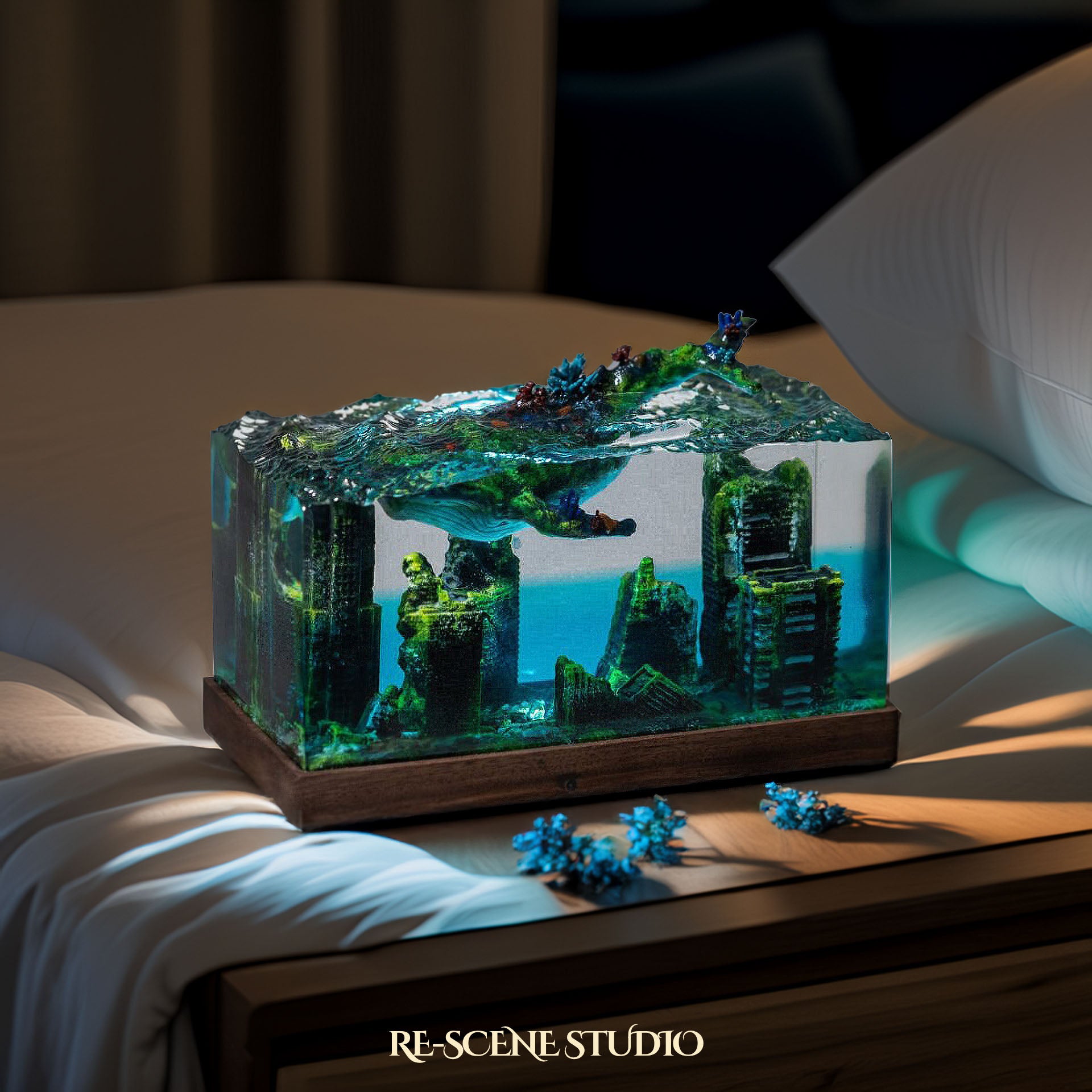 Whale Above Sunken City Resin Epoxy Lamp Multicolor / Size M: 6 x 6 x 12 (cm) – Handmade Epoxy Resin Lamp by Rescene Studio | Rescene Studio