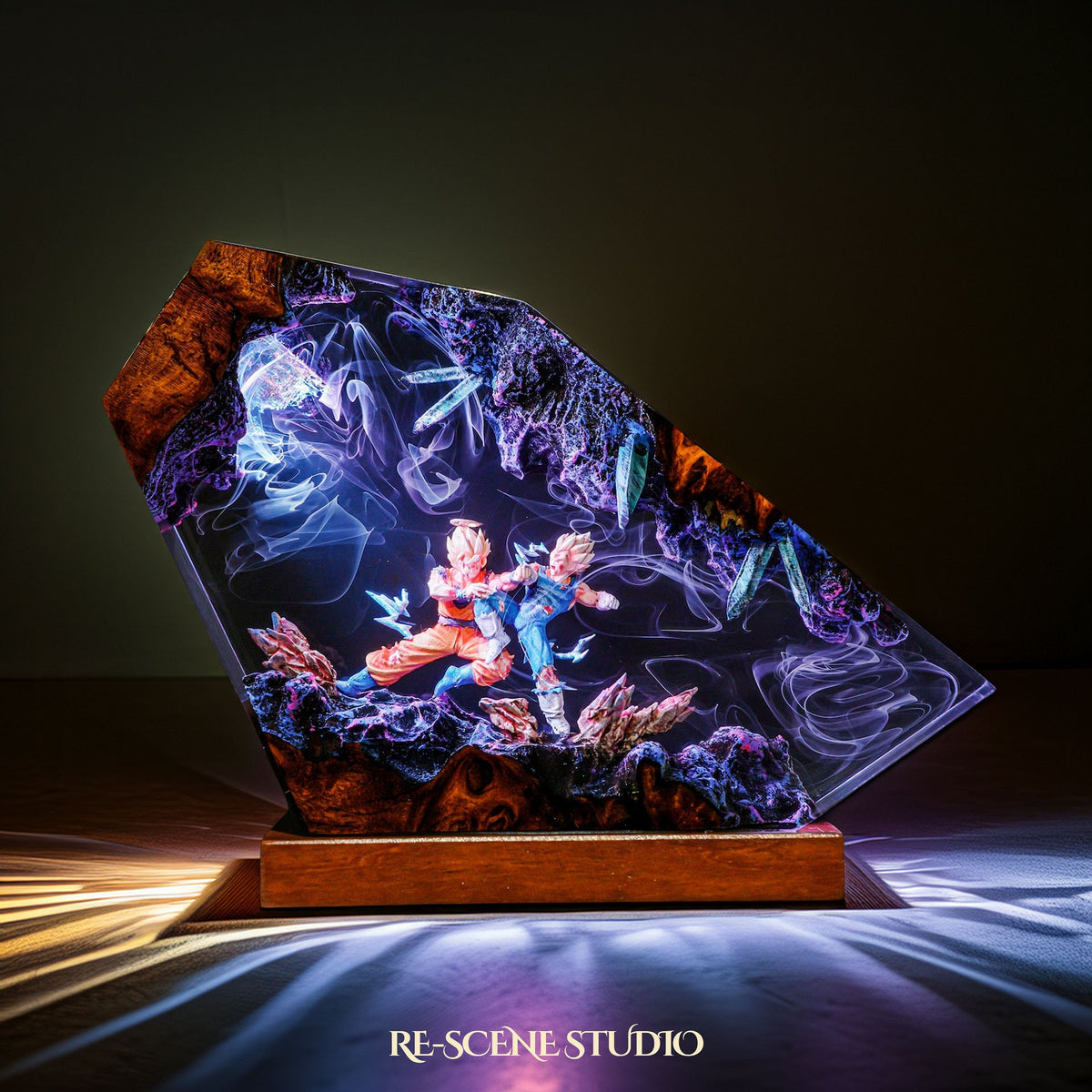 Glowing Goku vs Vegeta Resin Lamp V1: Dragon Ball fan decor sealed in crystal-clear epoxy resin