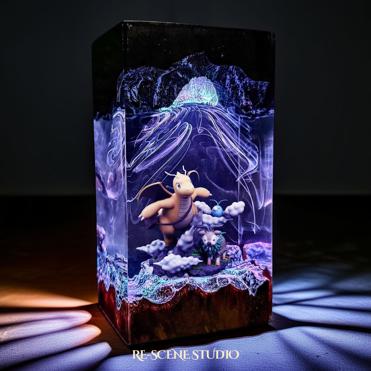 Glowing Dragonite Resin Lamp: Pokemon fan decor sealed in crystal-clear epoxy resin