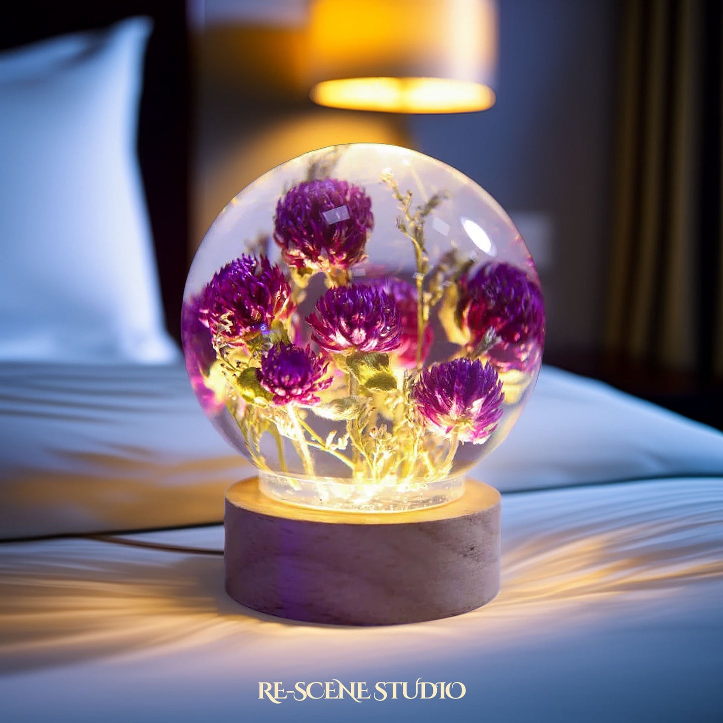 Globe Amaranth Sphere Resin Lamp Flower Only / No Engraving – Handmade Epoxy Resin Lamp by Rescene Studio | Rescene Studio