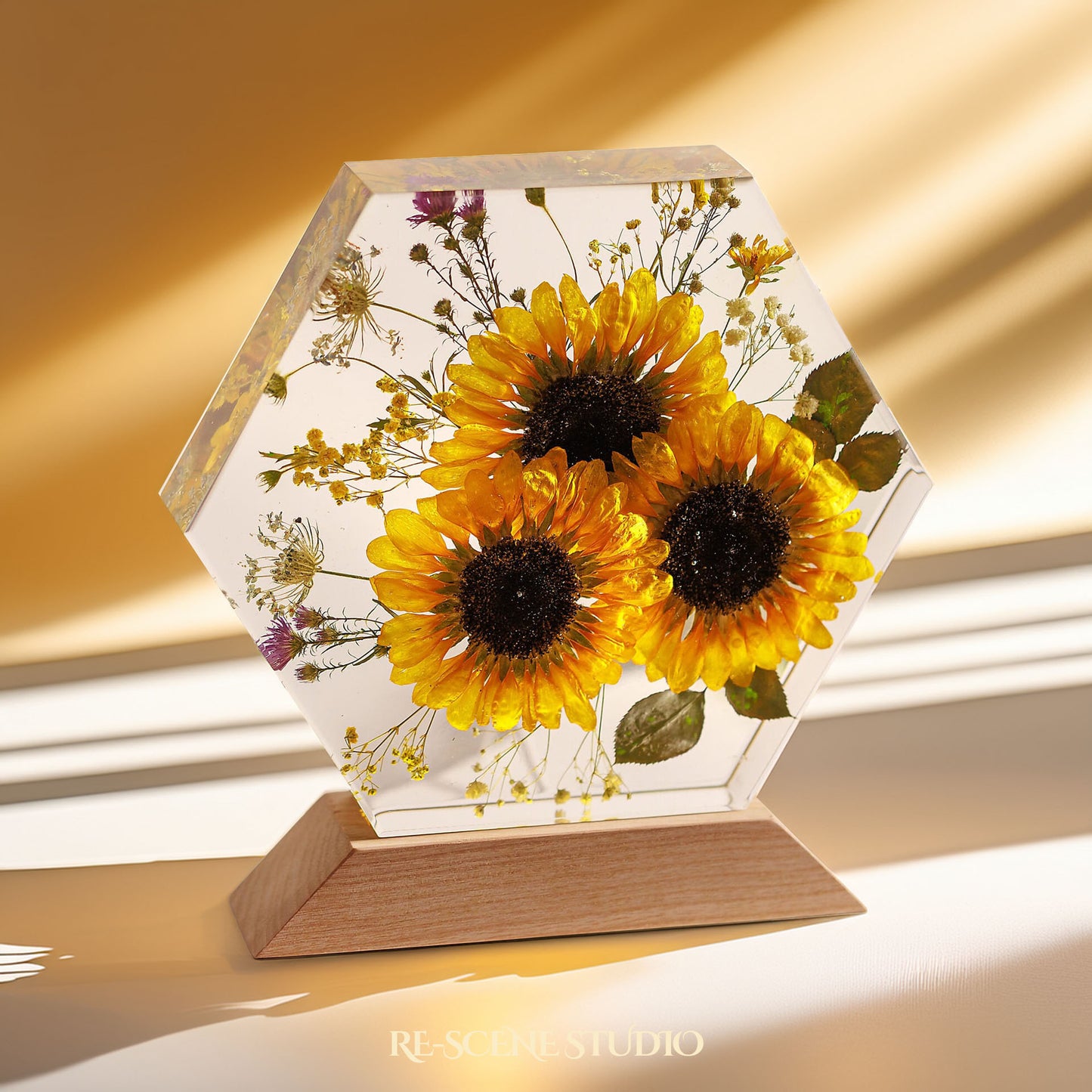 Golden Sun Trio Resin Lamp — Display Setup | Artisan Resin Art Lamp, Ambient Light for Home or Office