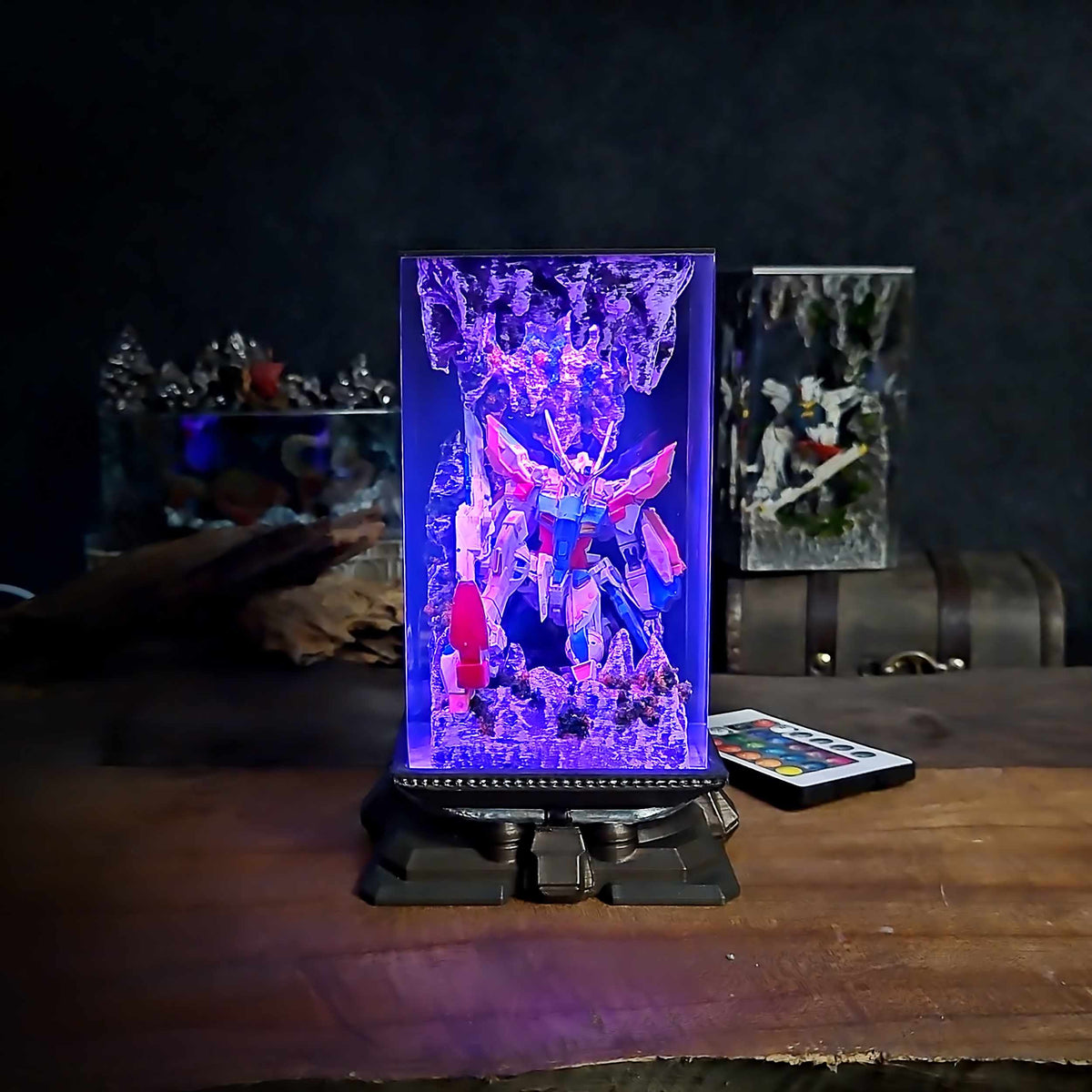 Wing Gundam Resin Lamp display shot, scene suspended in clear resin with LED base light
