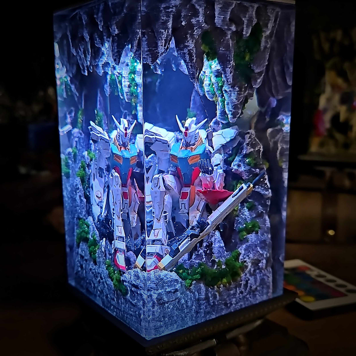 RX-78-2 Gundam Resin Lamp display shot, scene suspended in clear resin with LED base light