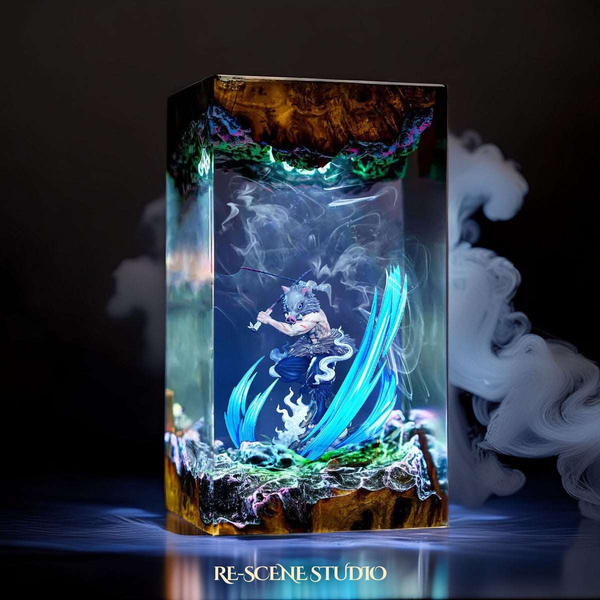 Inosuke Resin Lamp V2 from another angle, handmade Demon Slayer LED resin lamp