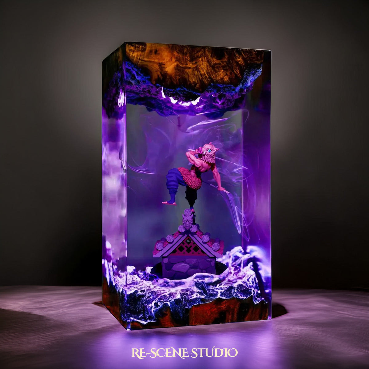 Glowing Inosuke Resin Lamp V3: Demon Slayer fan decor sealed in crystal-clear epoxy resin