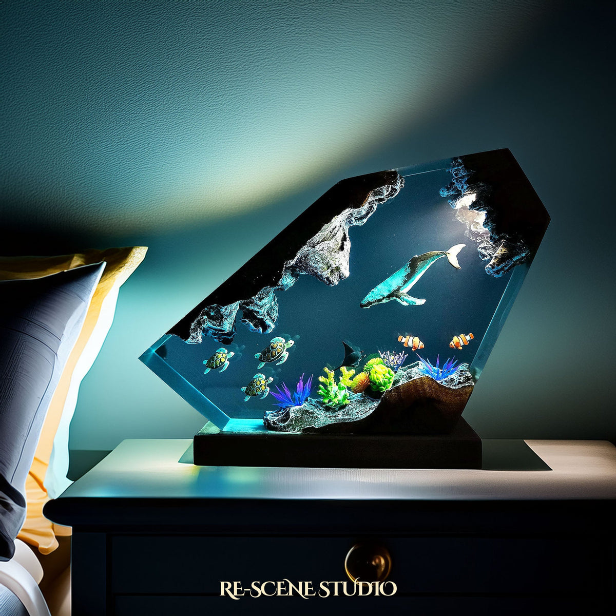 Whale and Turtles Reef Cove Resin Lamp Multicolor / Size M: 5.9" x 4.7", Handmade Epoxy Resin Lamp