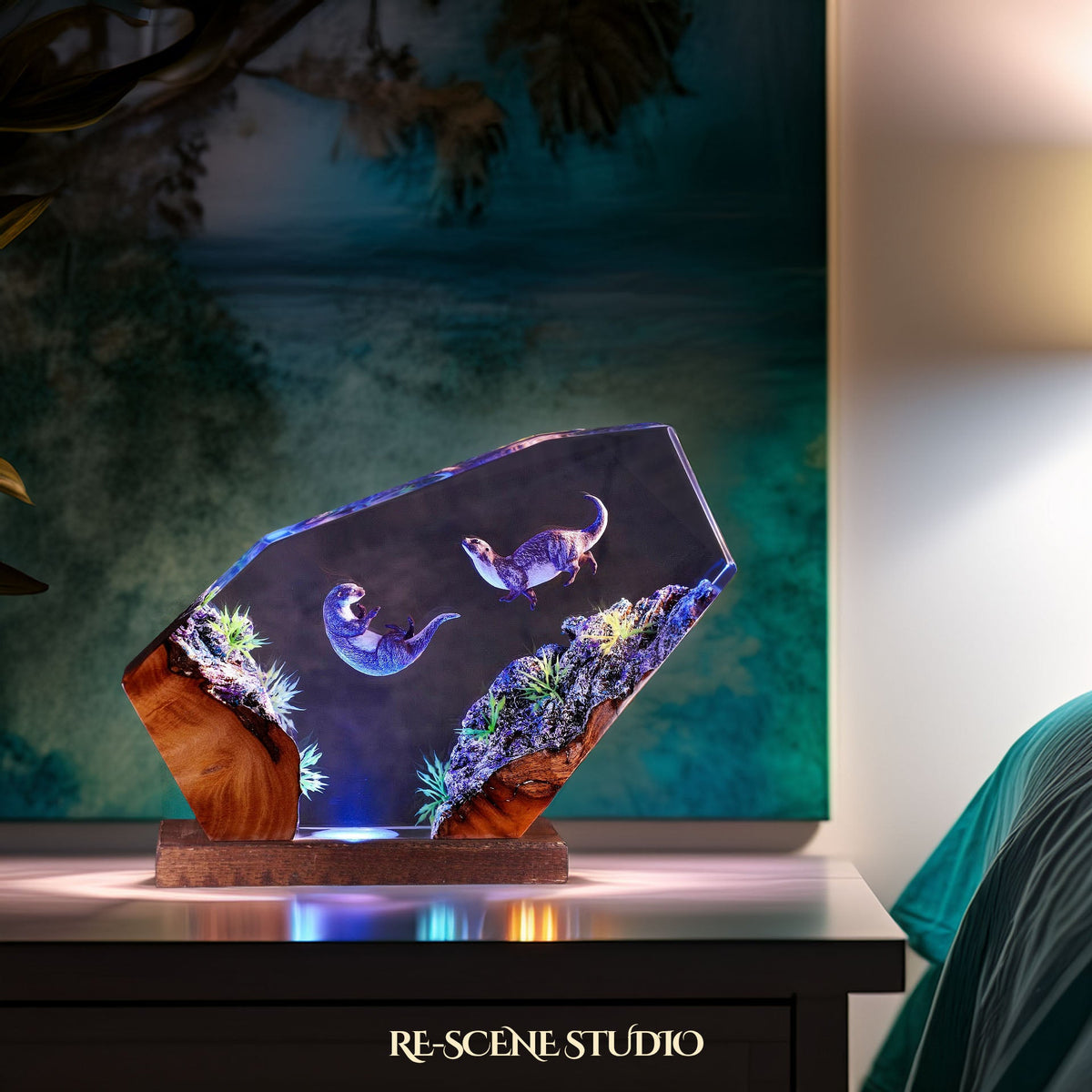 Sea Otters Resin Lamp Multicolor / Size M: 5.9" x 4.7", Handmade Epoxy Resin Lamp