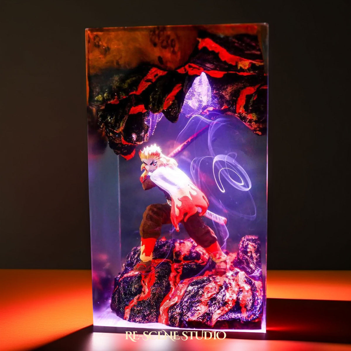 Glowing Rengoku Resin Lamp V1: Demon Slayer fan decor sealed in crystal-clear epoxy resin