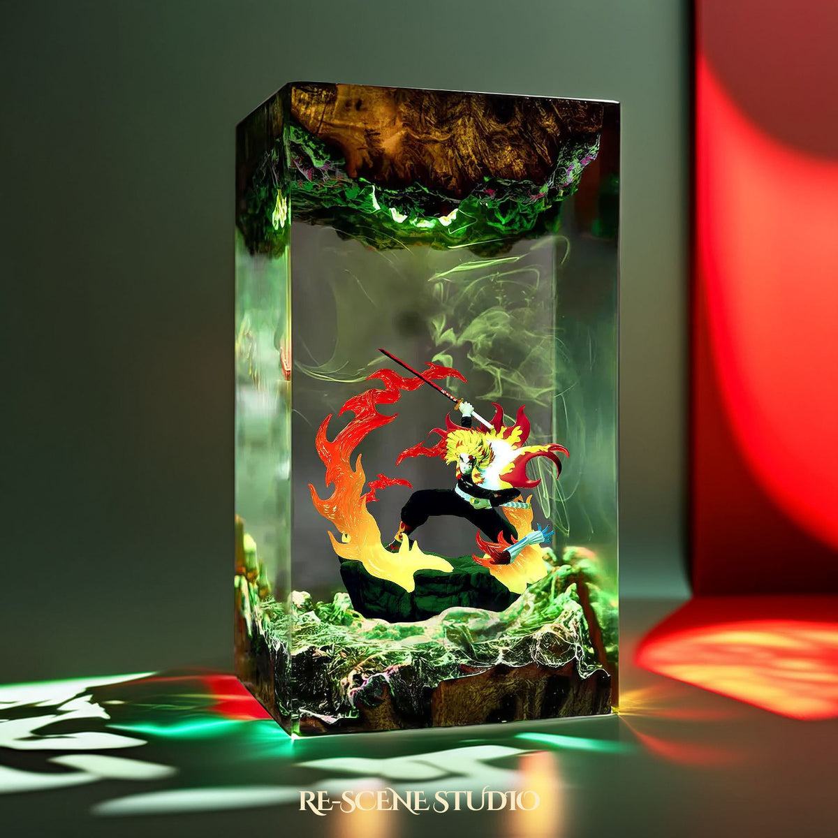 Rengoku Resin Lamp V2 from another angle, handmade Demon Slayer LED resin lamp