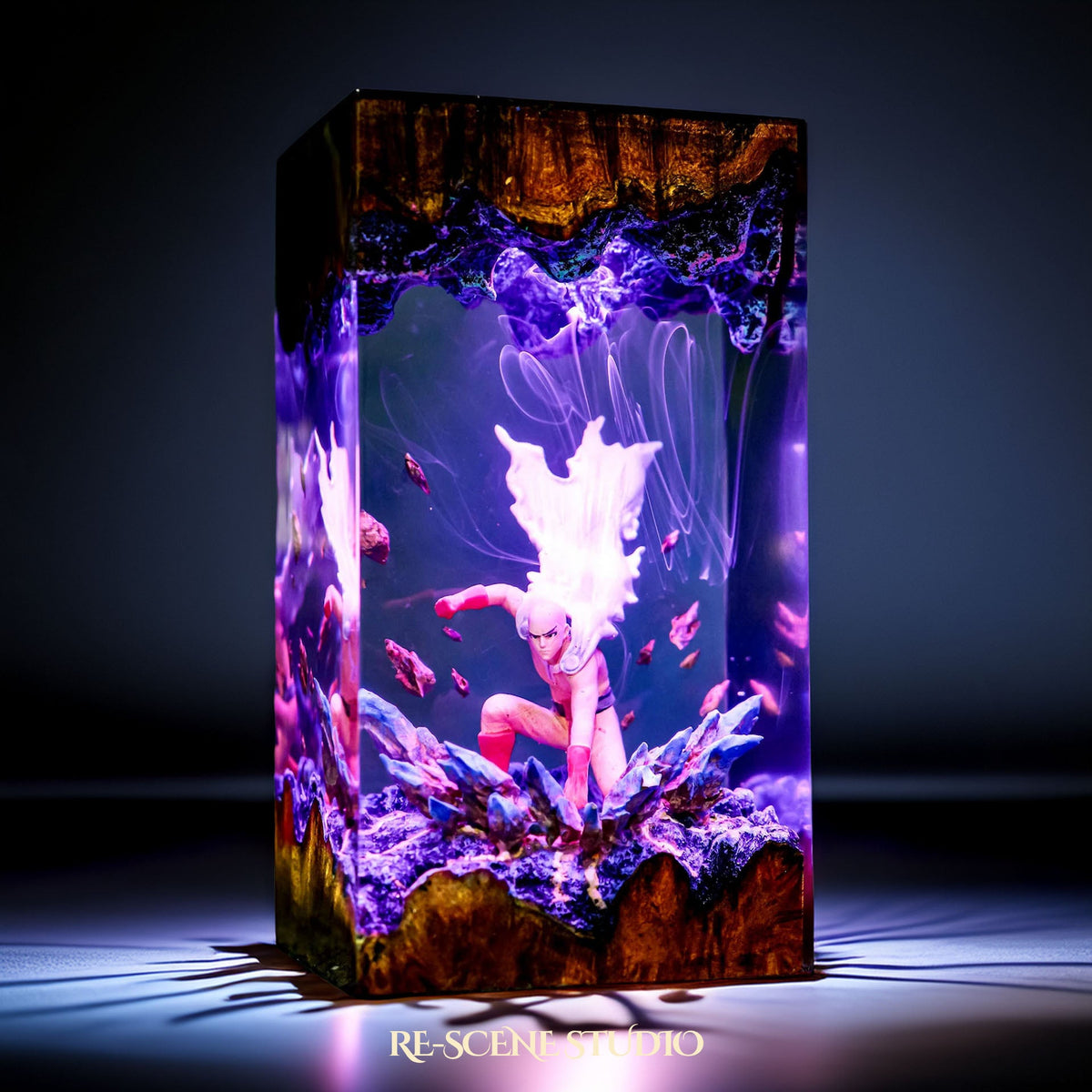 Saitama Resin Lamp from another angle, handmade One Punch Man LED resin lamp