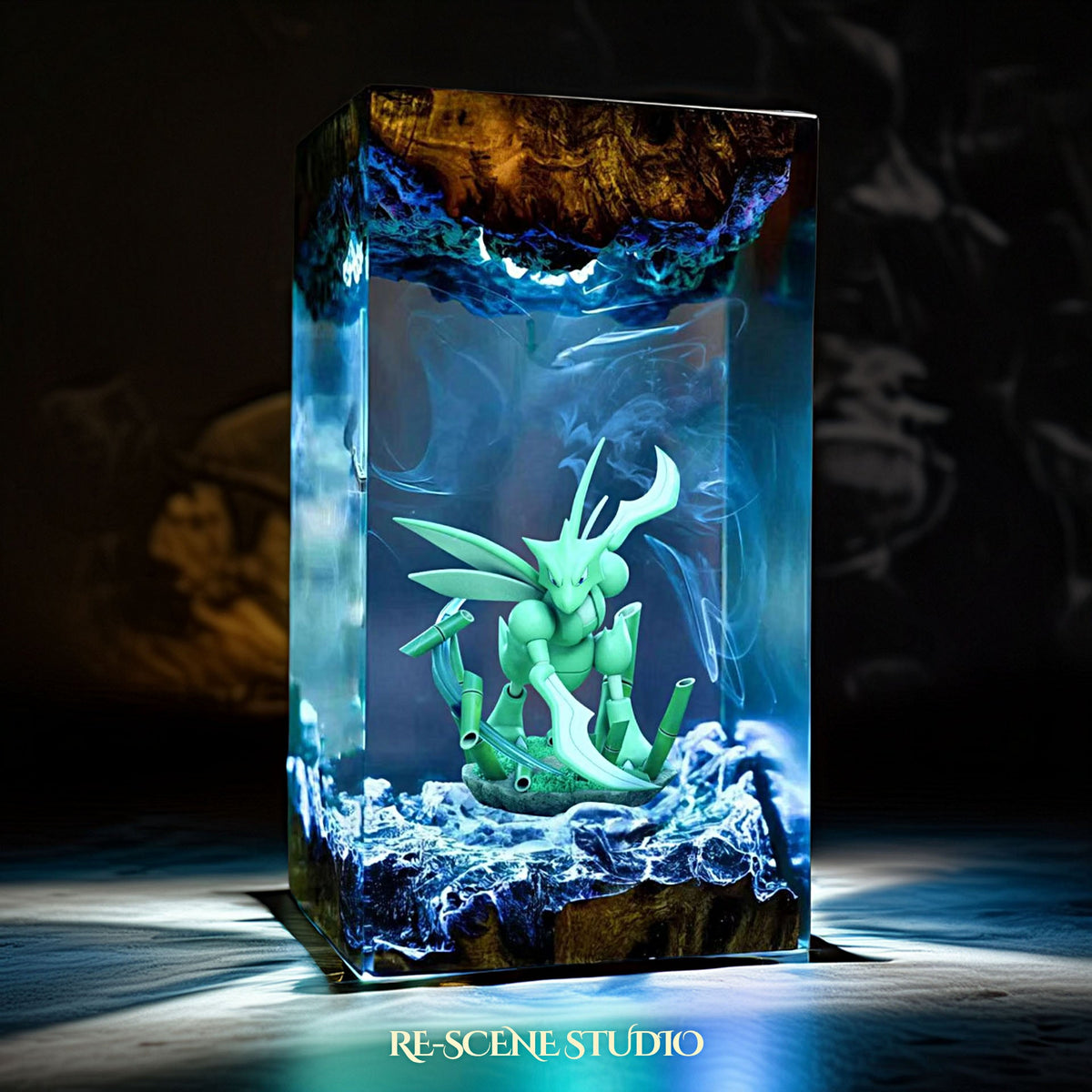 Scyther Resin Lamp from another angle, handmade Pokemon LED resin lamp