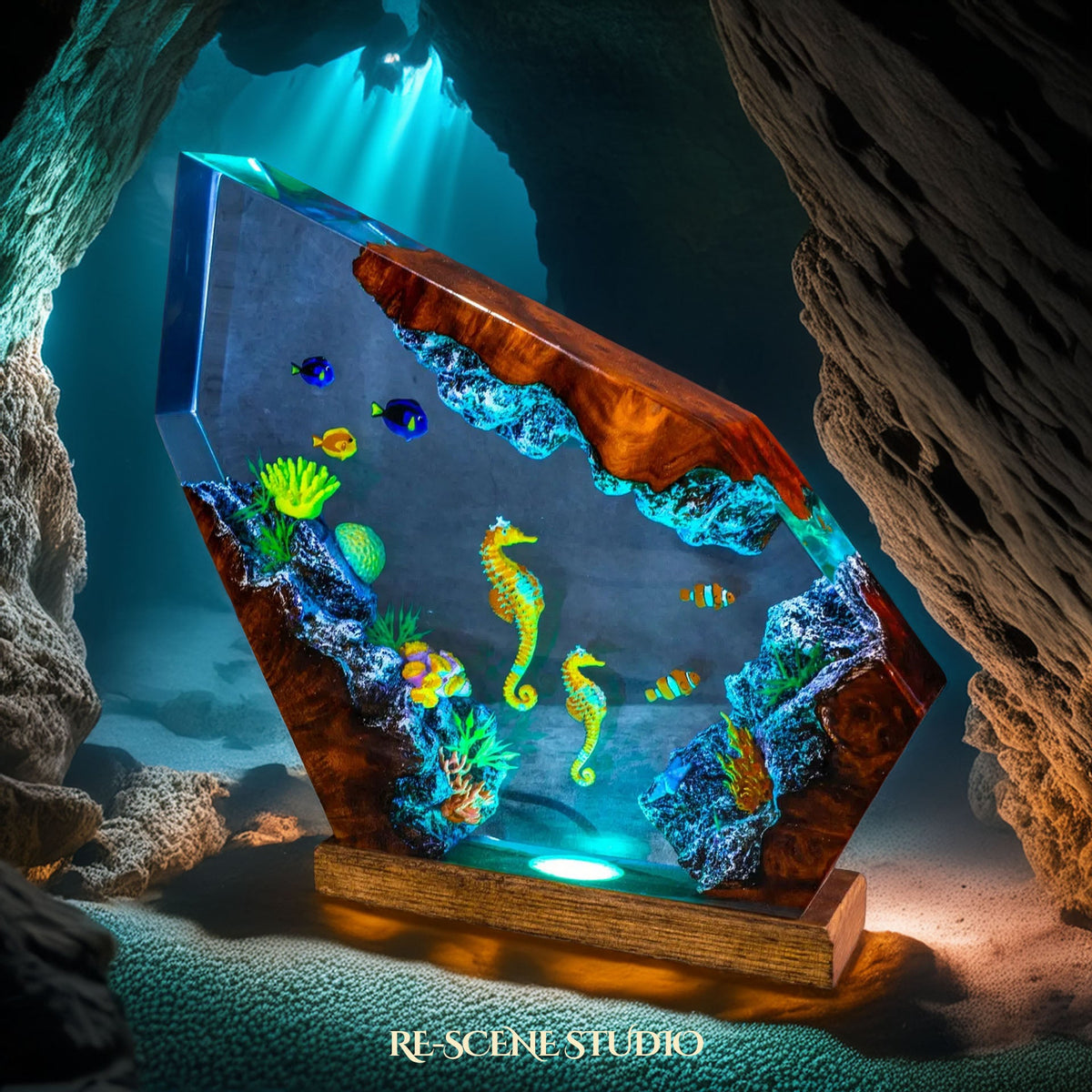 Twin Seahorses Resin Lamp Multicolor / Size M: 5.9" x 4.7", Handmade Epoxy Resin Lamp