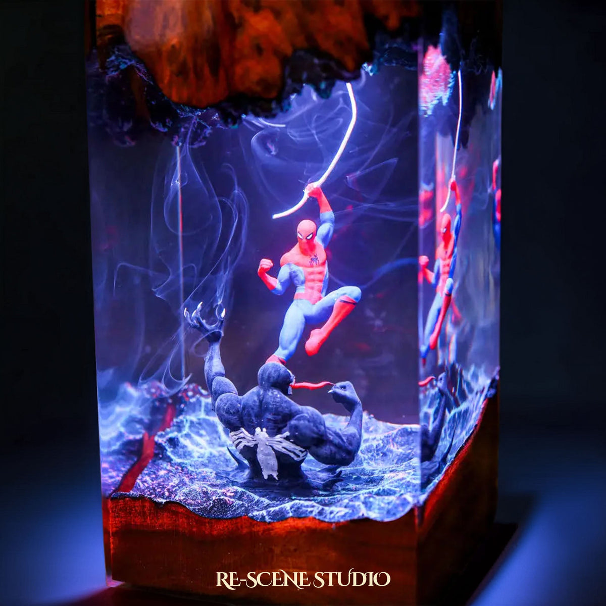 Spider-Man vs Venom Resin Lamp from another angle, handmade Marvel LED resin lamp