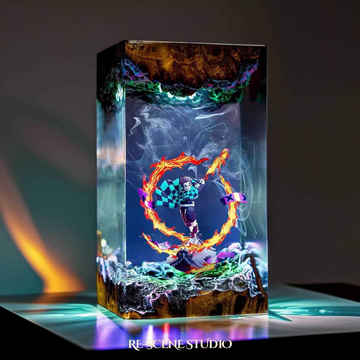 Tanjiro Resin Lamp V2 from another angle, handmade Demon Slayer LED resin lamp