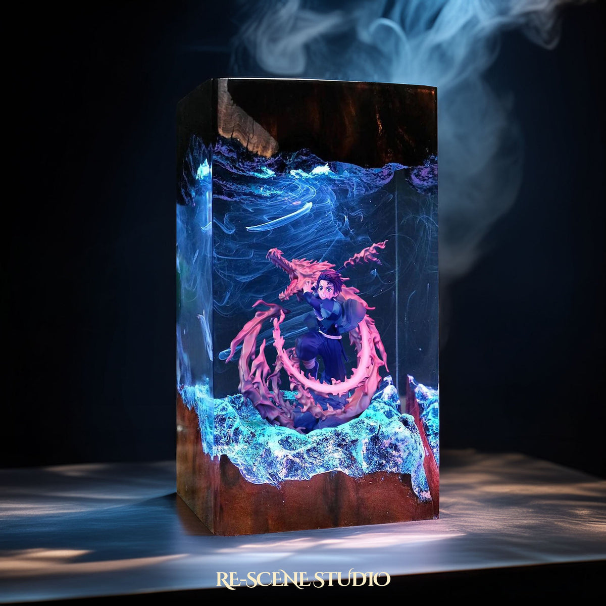 Tanjiro Resin Lamp V3 from another angle, handmade Demon Slayer LED resin lamp