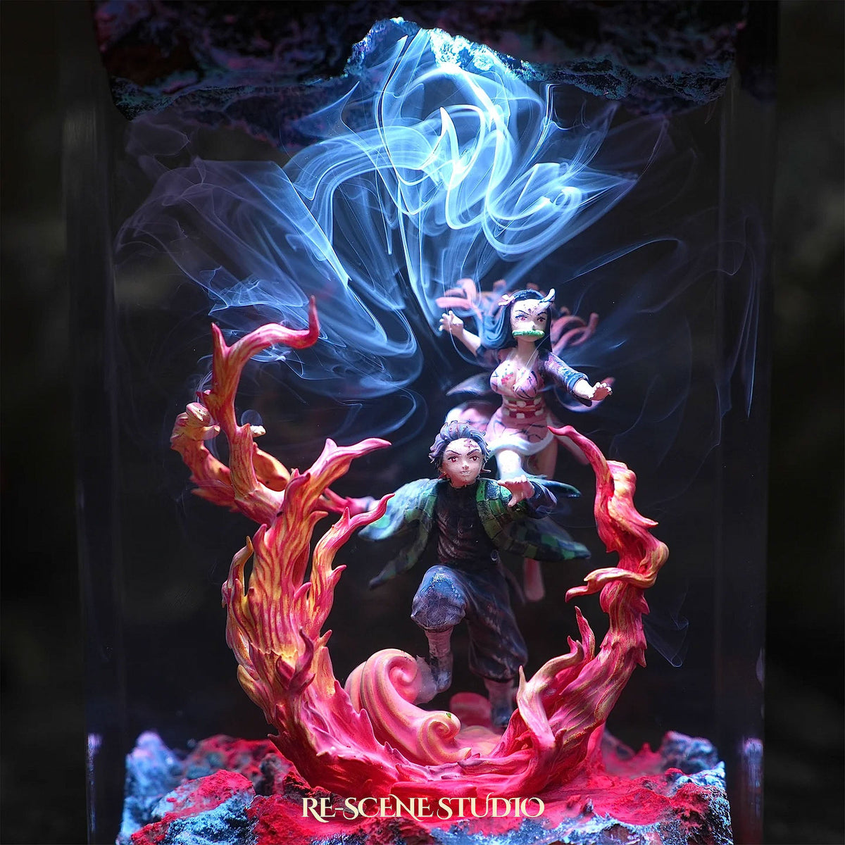 Tanjiro & Nezuko Resin Lamp V1 from another angle, handmade Demon Slayer LED resin lamp