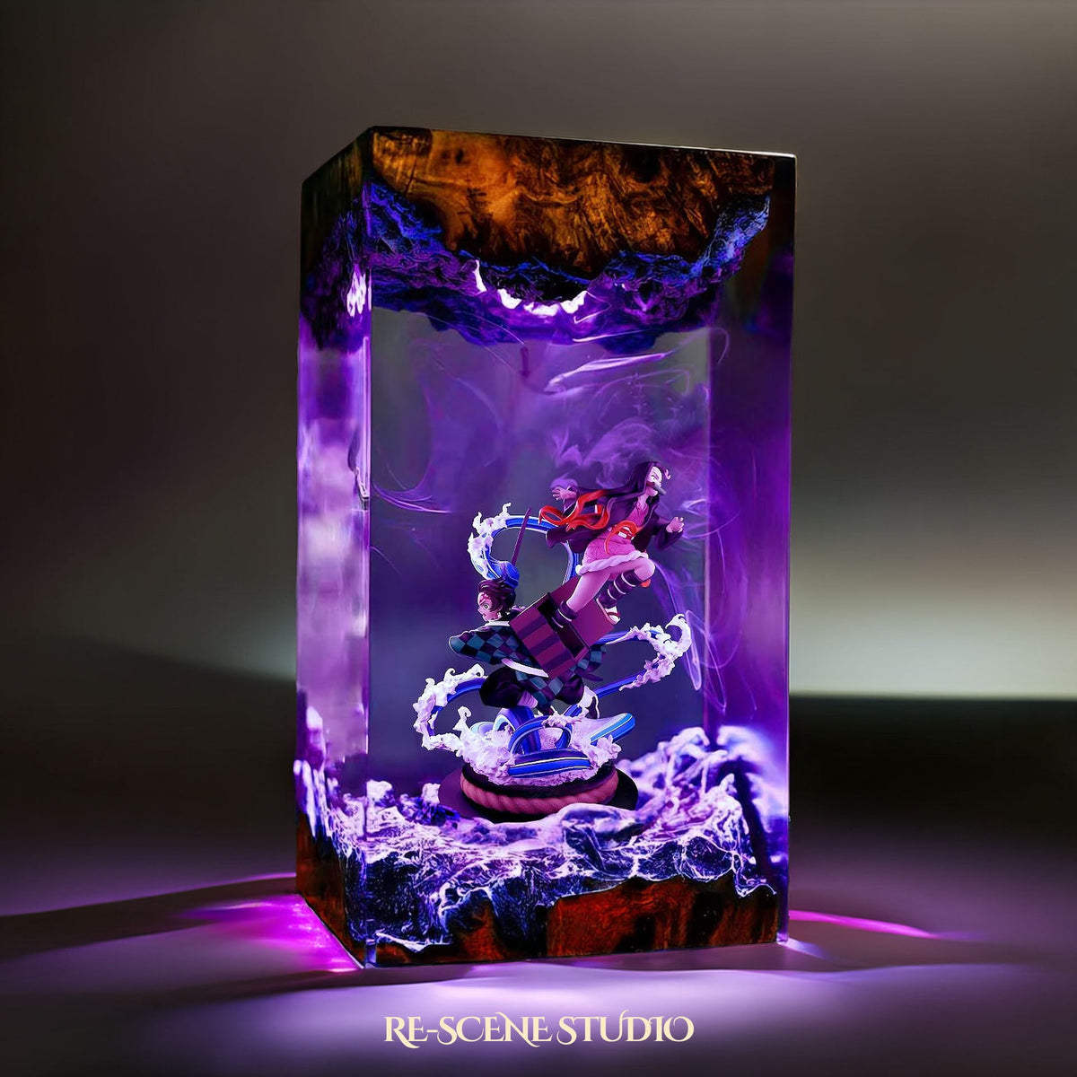 Tanjiro & Nezuko Resin Lamp V2 from another angle, handmade Demon Slayer LED resin lamp
