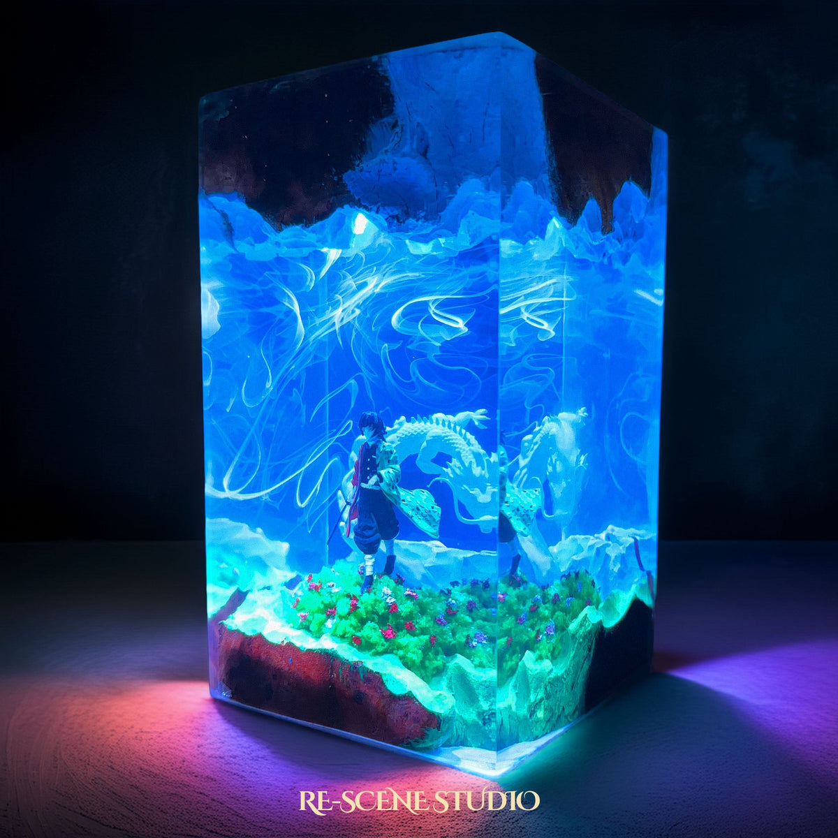 Giyu Tomioka Resin Lamp from another angle, handmade Demon Slayer LED resin lamp