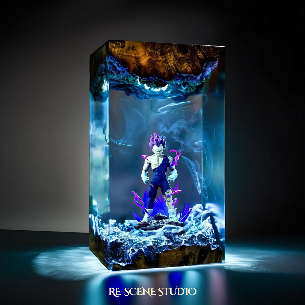 Glowing Vegeta Ultra Ego Resin Lamp V1: Dragon Ball fan decor sealed in crystal-clear epoxy resin