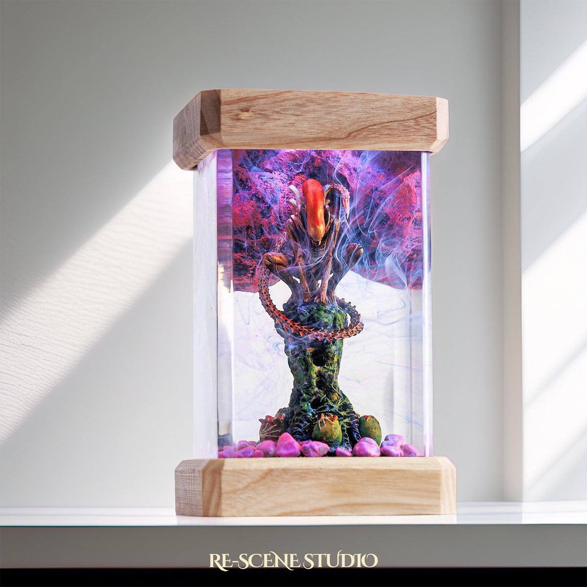 Hand-finished Xenomorph Resin Lamp (Alien), an epoxy resin desk lamp with warm ambient glow