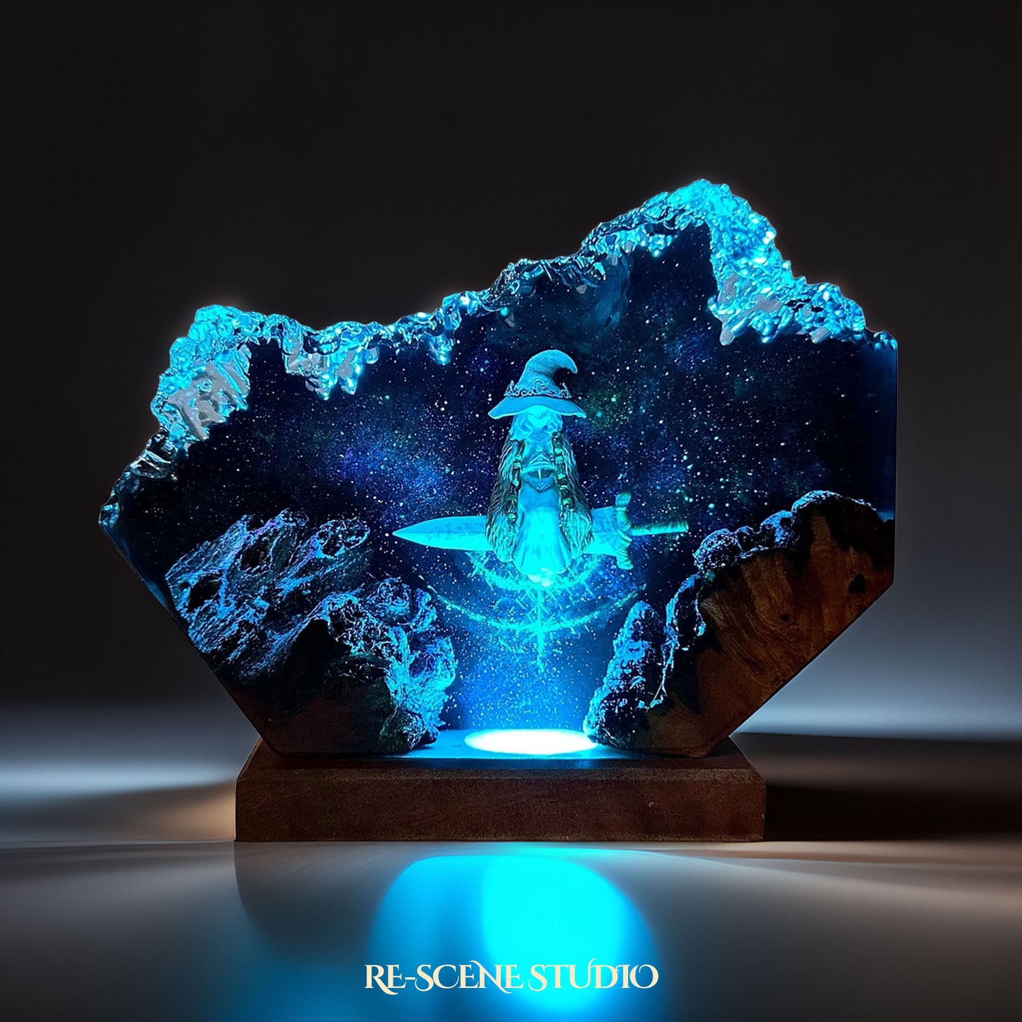 Ranni the Witch resin lamp detail shot capturing scene in clear epoxy resin