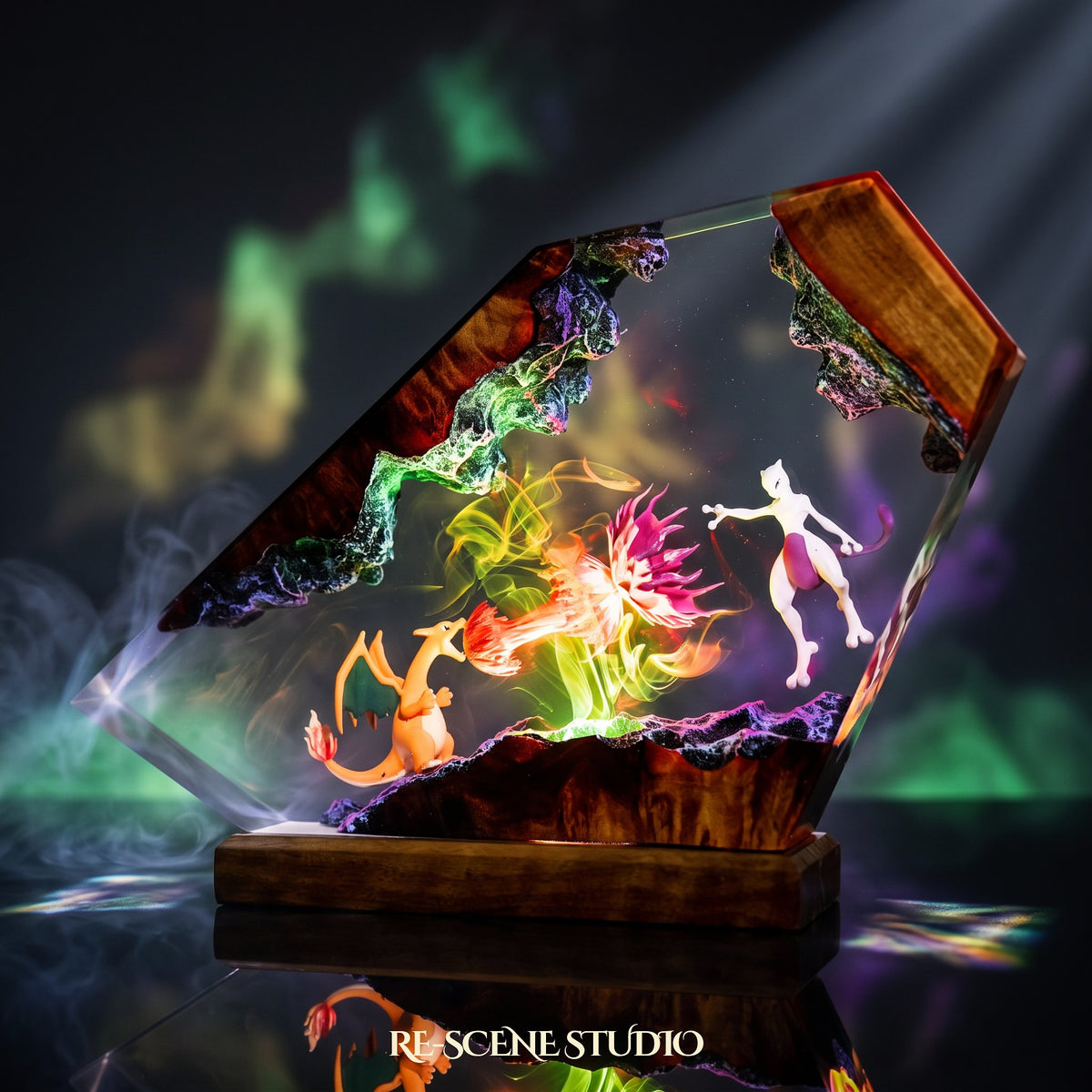 Glowing Charizard vs Mewtwo Resin Lamp: Pokemon fan decor sealed in crystal-clear epoxy resin