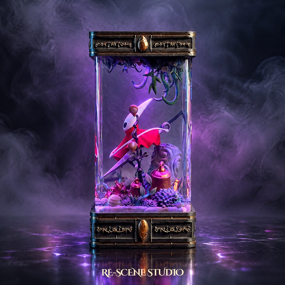 Hornet Resin Lamp V5 display shot — Hollow Knight: Silksong diorama with ornate cap and base