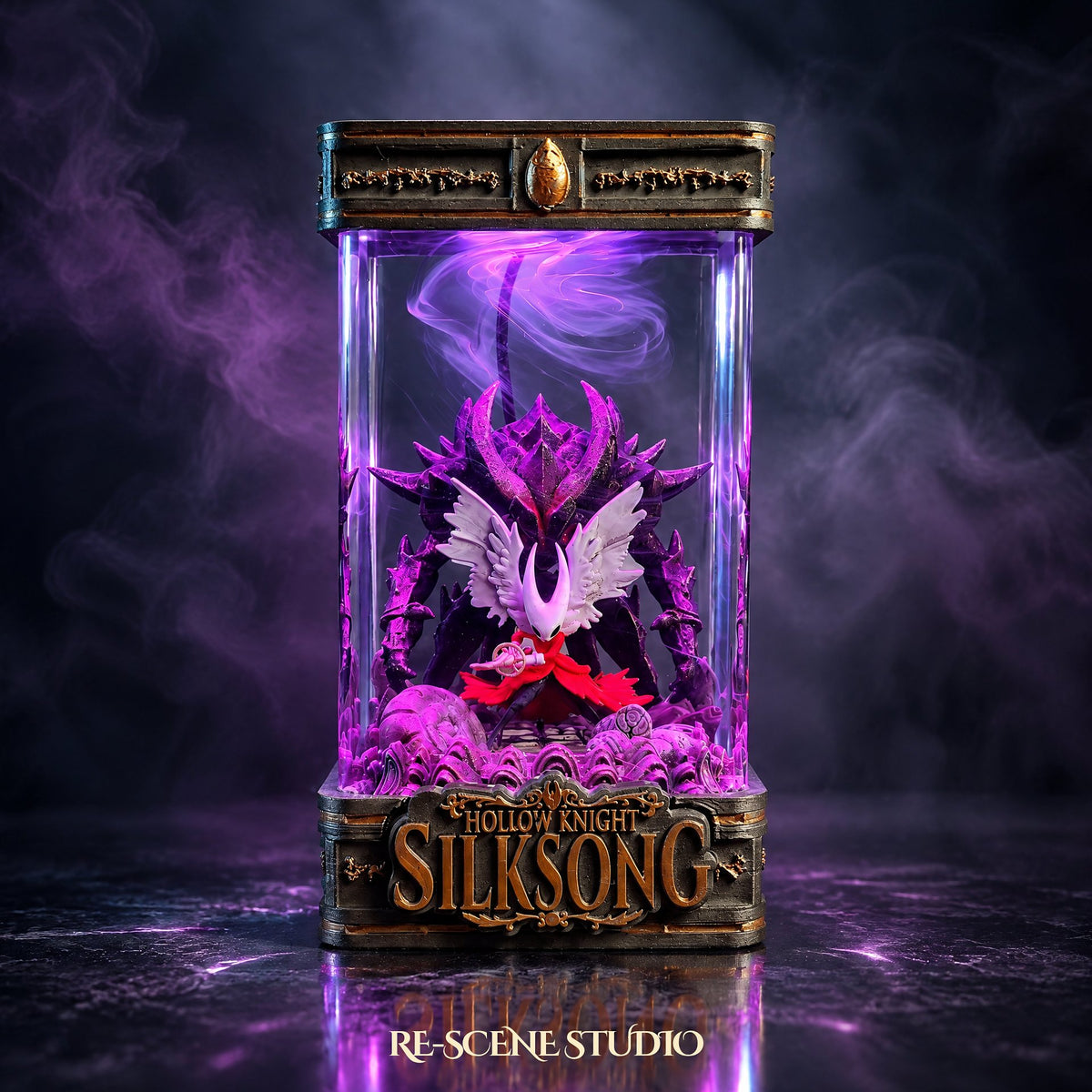 Hornet Resin Lamp V6 display shot — Hollow Knight: Silksong diorama with ornate cap and base