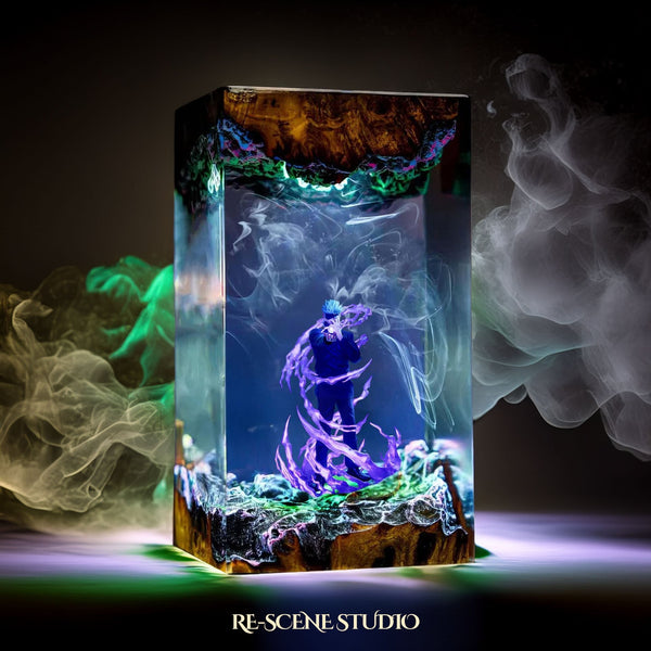 Gojo Satoru Jujutsu Kaisen handcrafted resin lamp with blue Infinity LED glow by Rescene Studio