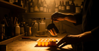 Artisan in a warmly lit workshop carefully pouring clear resin into a mold with tools and materials arranged on shelves