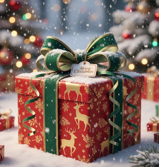 Warm and glowing Christmas present, sparkling with snow and soft holiday lights, evoking festive cheer