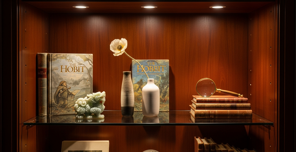 Curated collection display shelf with art objects and figurines under warm spotlight