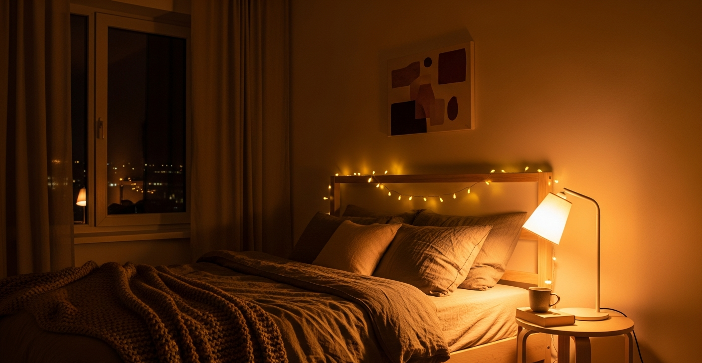 Cozy bedroom with warm ambient lighting from string lights and bedside lamp creating a hygge atmosphere