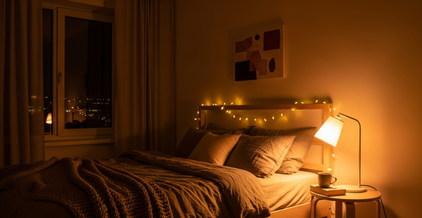 Cozy bedroom with warm ambient lighting from string lights and bedside lamp creating a hygge atmosphere